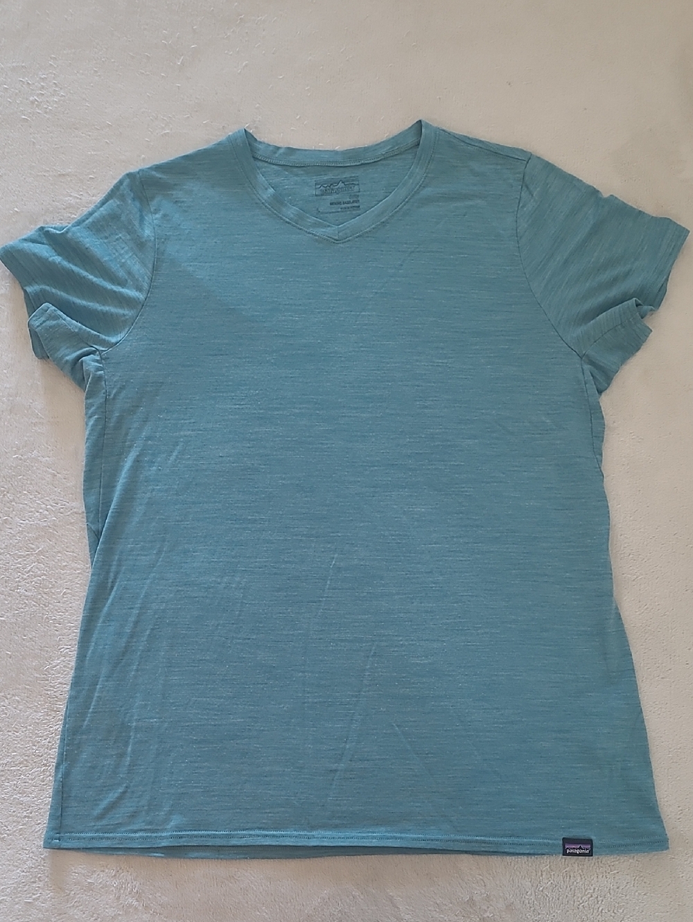 Patagonia Womens L Merino Daily V Neck T Shirt Blue Wool Blend Baselayer Outdoor